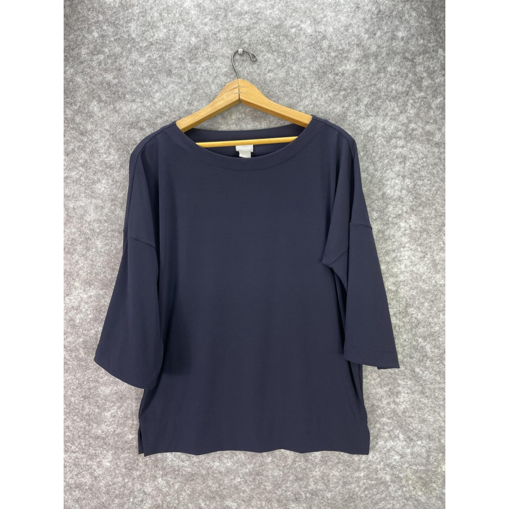 Chicos Shirt Womens Small Navy Blue Stretch 3/4 Sleeve Boat Neck Tunic
